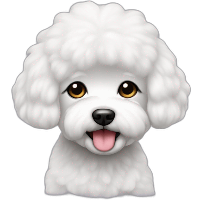 mujer piel blanca pelo negro largo cargando perro bichon blanco emoji