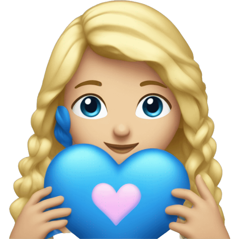 Girl with blonde hair shaping blue heart with her hands emoji