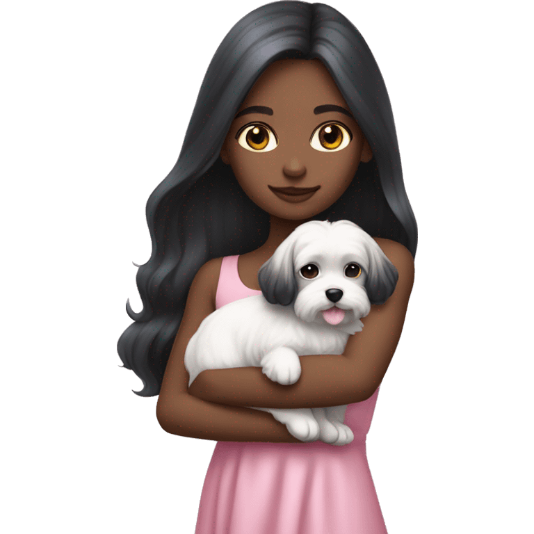 Black long hair blue eyes girl with maltese puppy with pink dress emoji