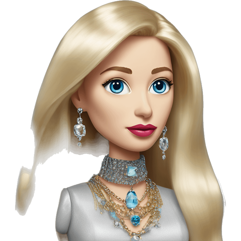 Serene Elon Musk with jewelry in Barbie style, oil paint, mysterious eyes, intricate lips, masterpiece portrait, beautiful, desirable, logical emoji