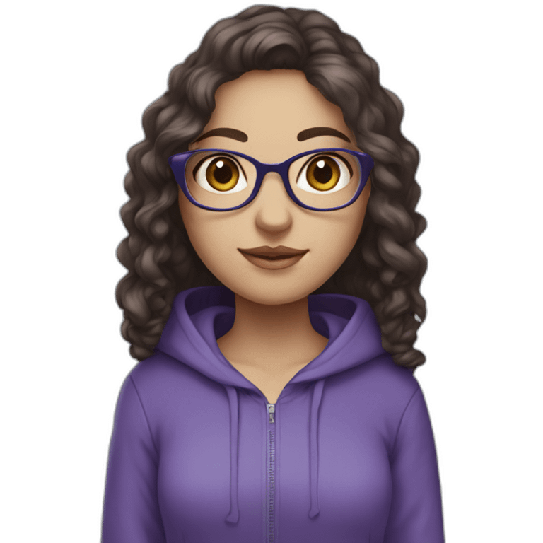 full length girl with glasses in a purple hoodie with big blue eyes and white skin and curly dark browny long hair emoji