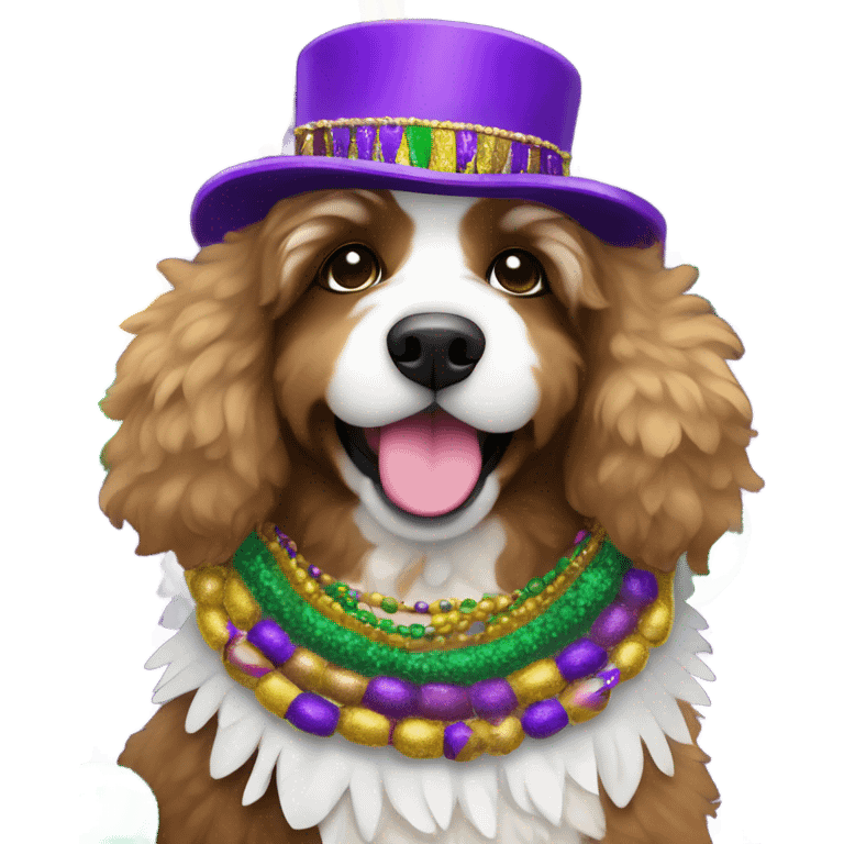 Bernedoodle dressed for Mardi Gras emoji