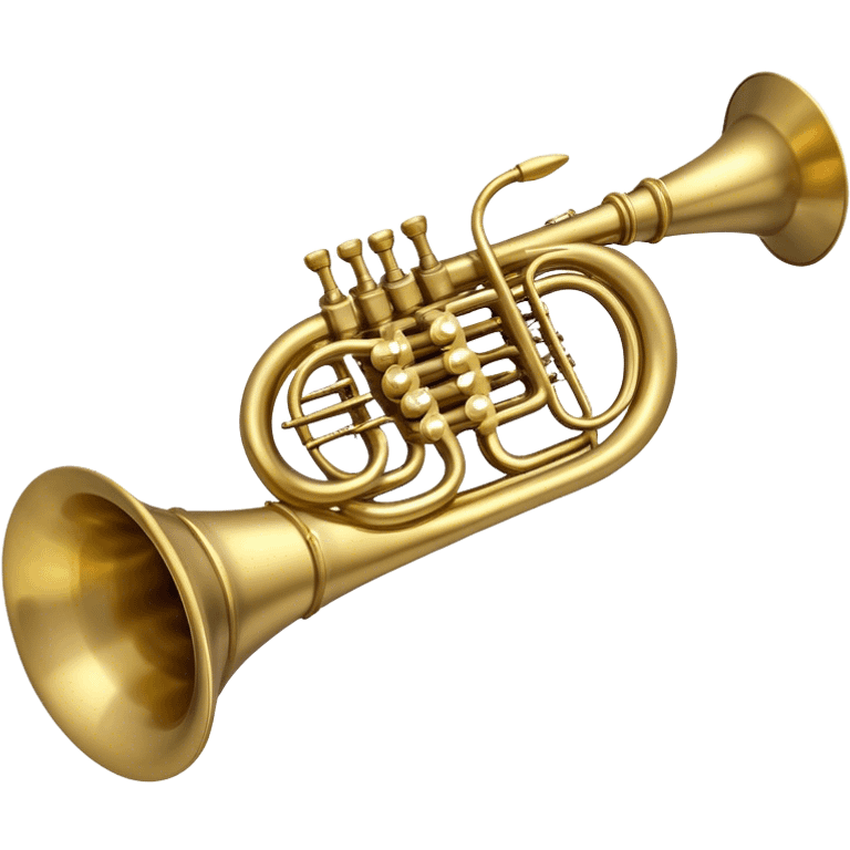 Create a refined and elegant emoji representing the Arnolds & Sons AHR-350 horn. The design should feature the instrument's beautifully coiled brass body with its distinct flared bell, showcasing the high-quality craftsmanship. Include delicate details like the tuning valves, finger buttons, and elegant brass finish. Add subtle musical notes around the horn to symbolize its melodic sound. Use warm golden and brass tones to convey the luxury and professional quality of the instrument. The background should be transparent emoji