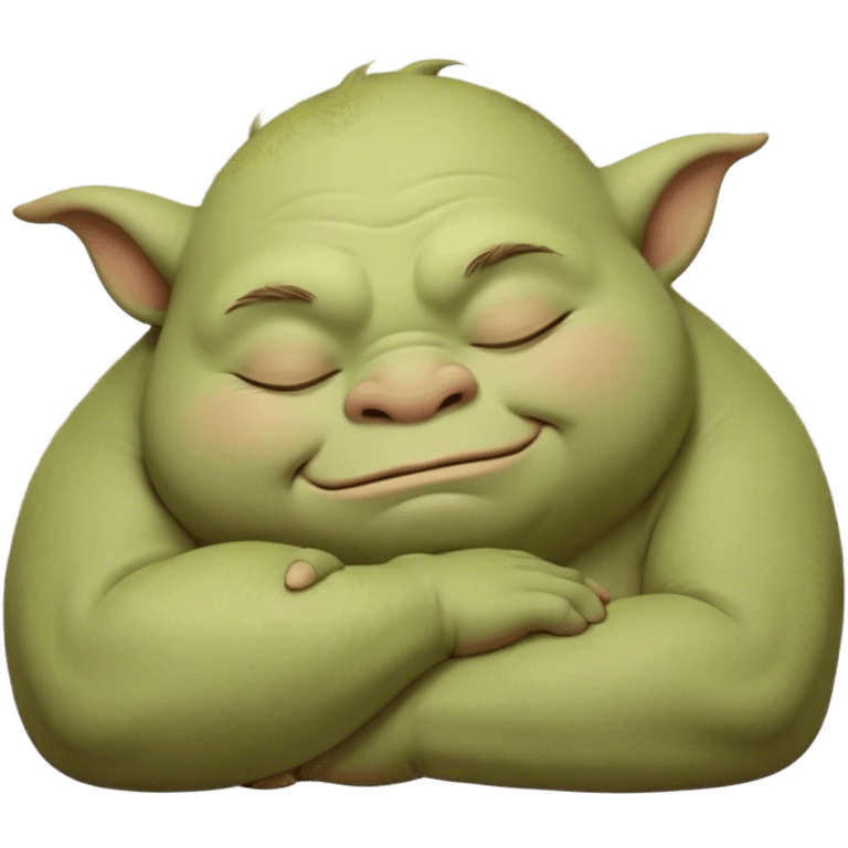 Meme-Worthy Cute Sleeping Ogre Portrait Emoji, with a surprisingly endearing, plump figure in soft earthy greens and browns, head drooping gently with closed, relaxed eyes and a content, sleepy grin, simplified yet adorably detailed, glowing with a soft warm outline that captures the peaceful slumber of a friendly ogre after a day of gentle mischief! emoji