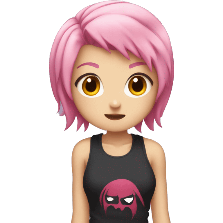 anime girl in sportswear, a tank top, pink hair and fangs like a vampire, but small emoji