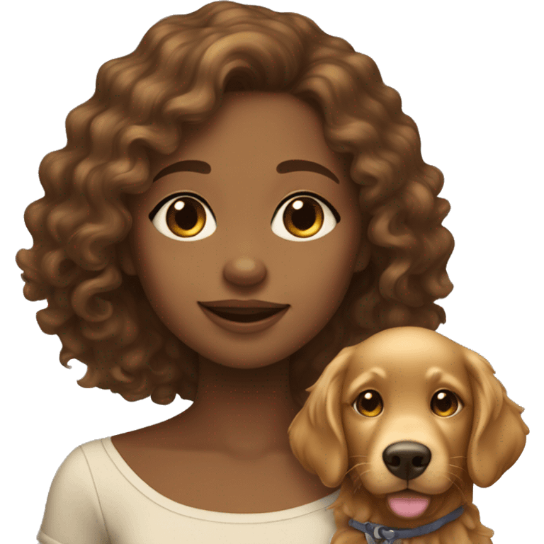 Tan skinned girl with  brown curly hair with a golden retriever puppy emoji