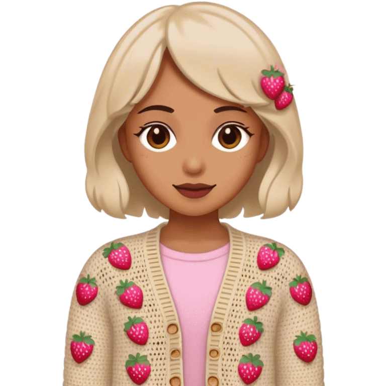 beige crocheted cardigan embroidered with small pink strawberries emoji