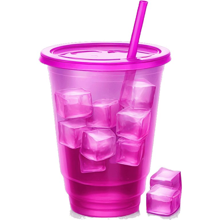 Realistic see through plastic cup and lid with half full Transluscent magenta soda,straw and large ice cubes inside. emoji