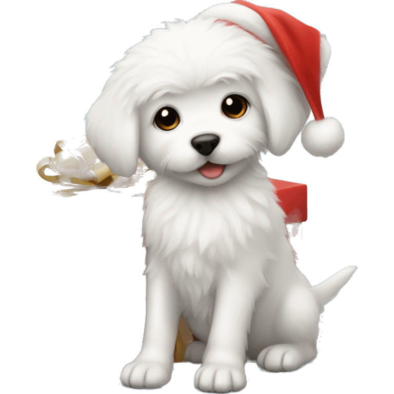 Fluffy white puppy wearing Santa hat with present emoji