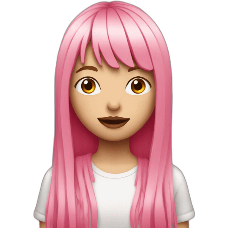 girl with long, straight pink hair and fringe and big lips holding camera emoji