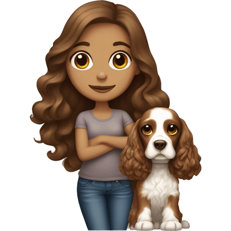 Beautiful stylish girl with with long brown hair holding on her arms English Cocker Spaniel emoji