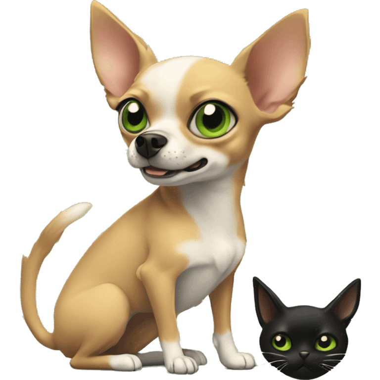 Tan Chihuaha fighting fluffy with dog and black cat with green eyes standing next to then emoji