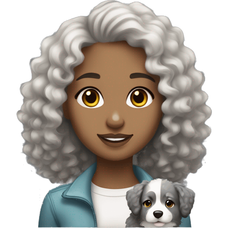 Light skin curly hair girl with black white and grey Australian Sheppard  emoji