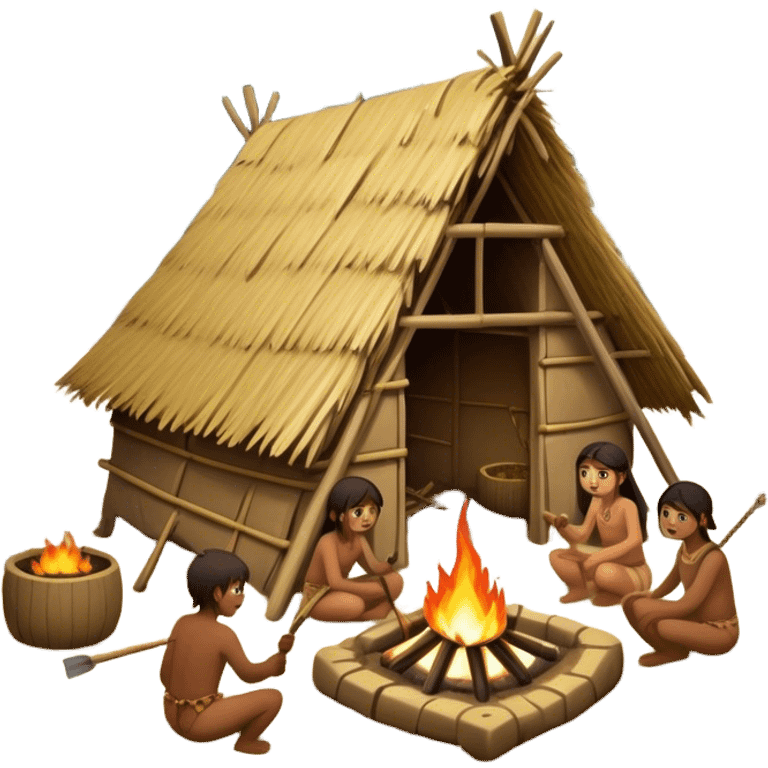 Primitive tribe building a settlement. Huts made of wood and straw, people using basic tools, fire pits, and a dense forest surrounding them emoji