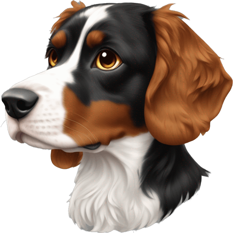 Tri color french Brittany with black coat. Wavy. More black. Less white emoji