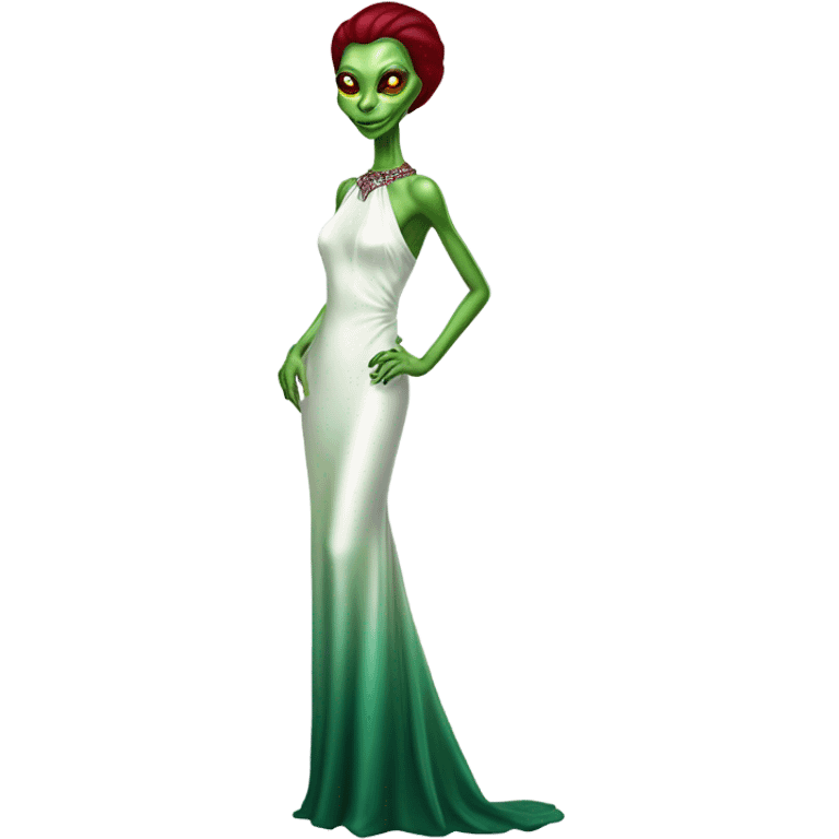 reptilian green alien woman, in( long slim pastel color:#FFFFFF formal party satin dress with gradient shiny sparkling dark red), full figure, full body emoji