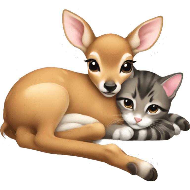 Fawn and kitten laying down curled up together emoji