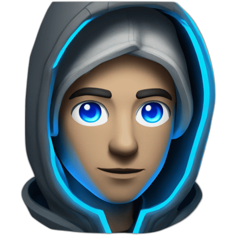 developer behind his laptop with this style : Riot Games Valorant neon blue eyes glowing bright blue character blue black hooded assassin themed character emoji