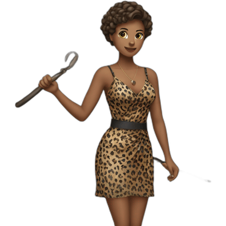 Woman in loepard dress with a whip emoji