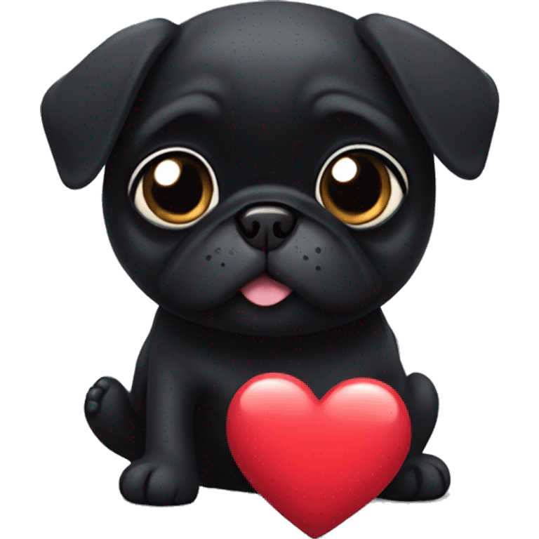 Little black pug dog holding a heart emoji