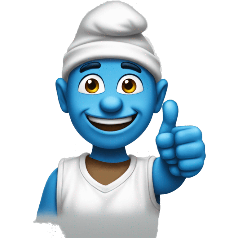 Create a Smurf with blue skin. the right hand with a large thumb giving a thumbs-up emoji