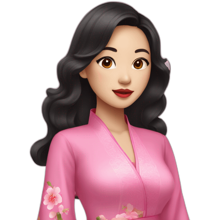 asian girl with fair lips and wavy black hair posing with pink ao dai emoji