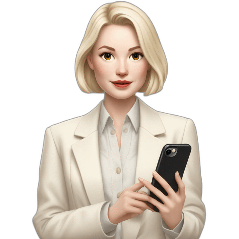 pale skin woman with ash blonde Straightened bob Hair, White Spacious classical jacket, beige palazzo Arrow pants and gray blouse holding white IPhone 15 pro in the hands emoji