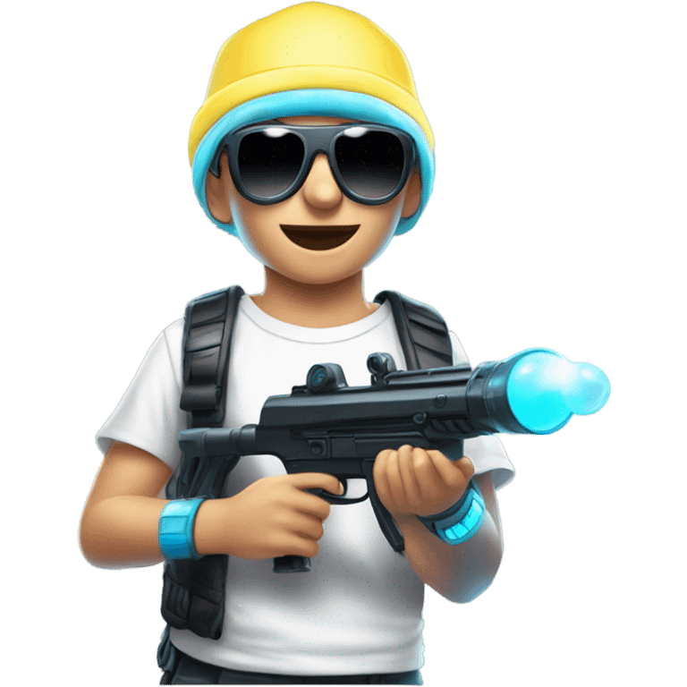 Caucasian boy in glowing rave gear with sunglasses and mask and hat and headlamp and shooting a bubble gun emoji