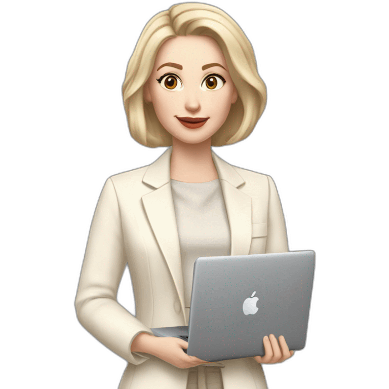 pale skin woman with ash blonde Straightened bob Hair, White Spacious classical jacket, beige palazzo Arrow pants and gray blouse holding a MacBook in the hands emoji