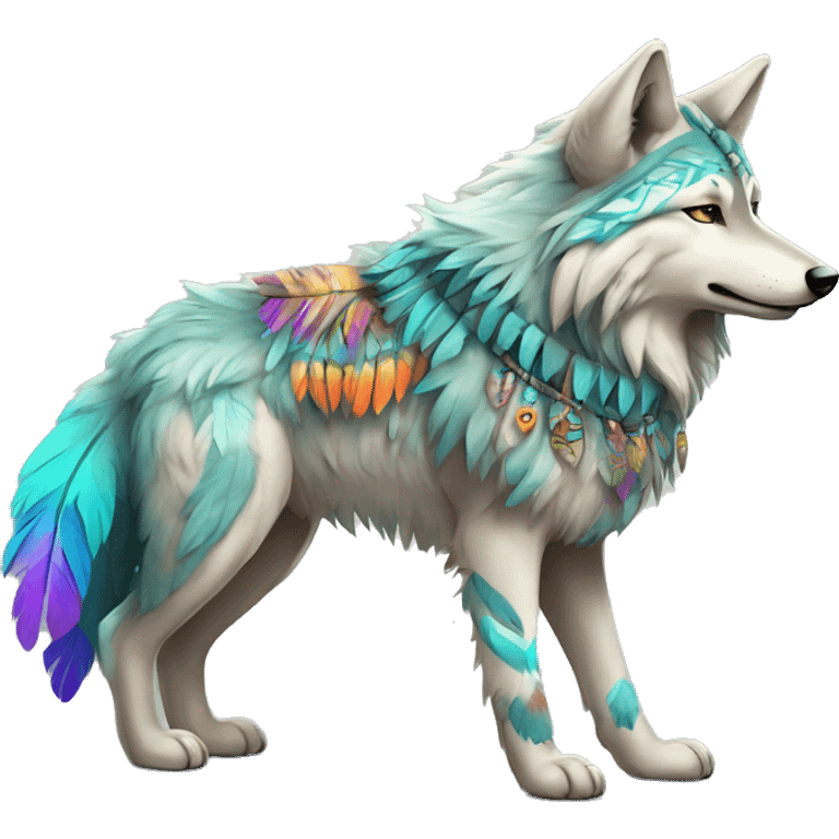 Fluffy Shy Colorful Spiritual Shamanic Wolf With Shiny Tribal Markings wearing feathers Full Body emoji