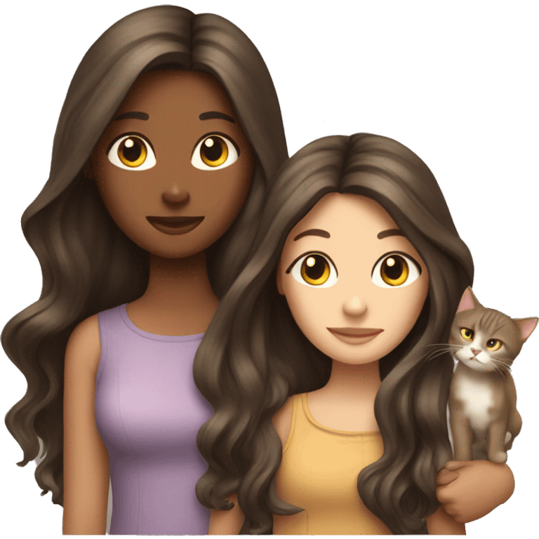 Two long hair brunette girls with three cats emoji