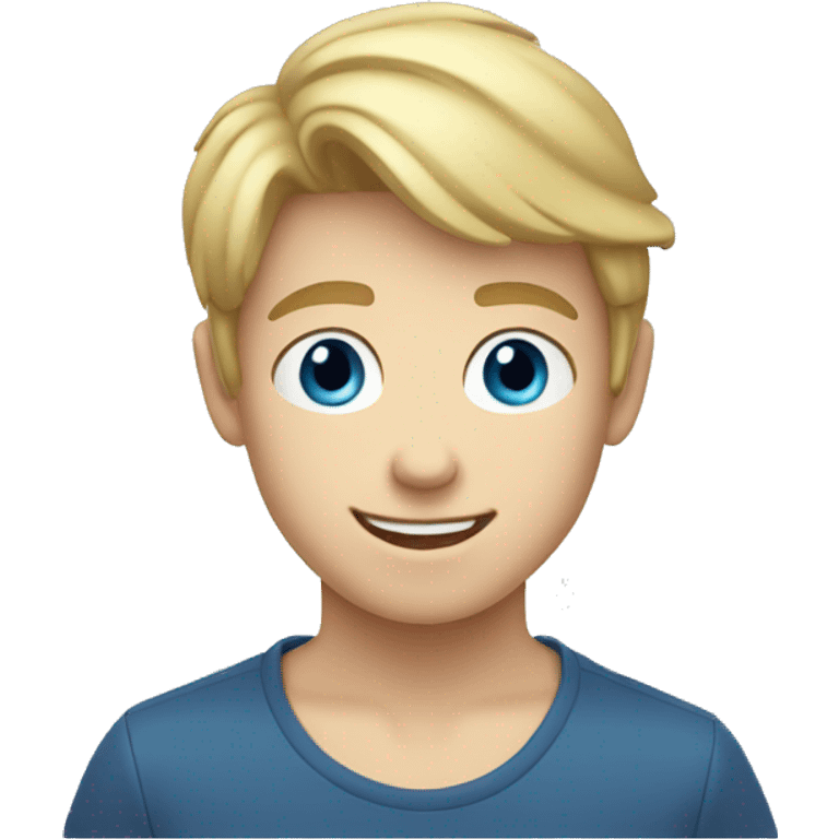 Blonde teen boy with medium short hair, blue eyes, waving hi to the camera emoji