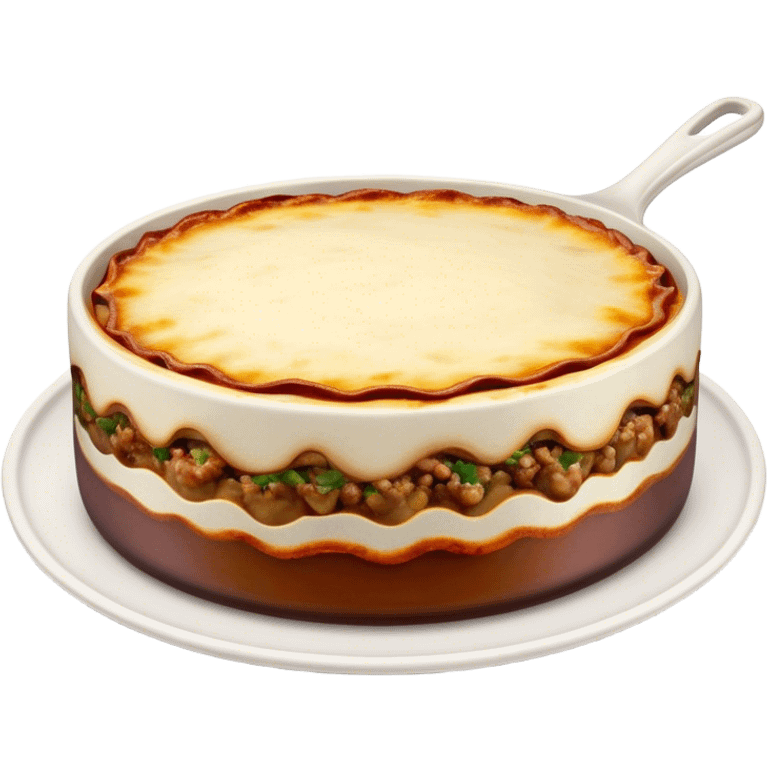 Cinematic Realistic Moussaka Dish Emoji, depicted with layers of eggplant, minced meat, and b√©chamel sauce rendered with rich textures and warm, inviting lighting that captures its Mediterranean flavor. emoji