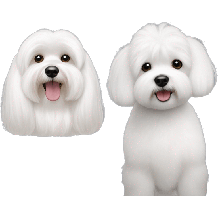 One white bichon Maltese next to a white bichon havanese with grey ears  emoji