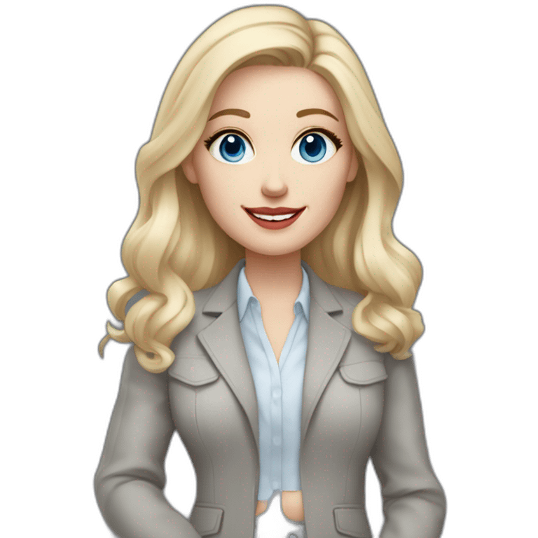 pale skin woman interior designer with cold blonde middle length hair, blue eyes, White blouse, Gray oversize jacket, Gray skirt holding a color palette in the hands emoji