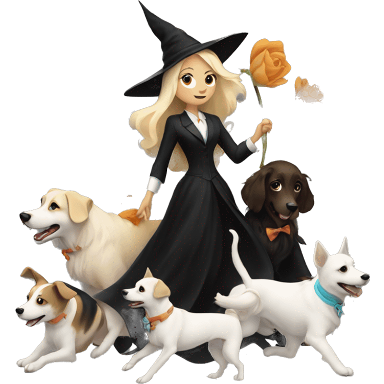 A witch flying on a bloom with her pack of dogs following her.  One white dog, one curly and blond and one black with a white tuxedo  emoji