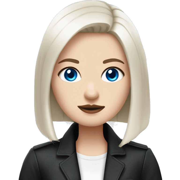 Slavic woman with blue eyes, fair skin, straight gradient bob hair, goth eyes makeup, dressed in white T-shirt and office black jacket. emoji