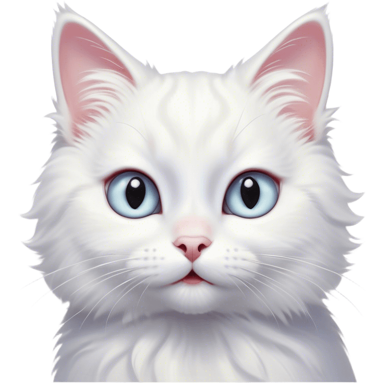 Cinematic Comical White Cat Portrait Emoji, Head tilted in an exaggerated, surprised manner with wide, sparkling eyes, showcasing a pristine white fur with subtle hints of silver and an animated, goofy expression, simplified yet whimsically detailed, glowing with a playful, bright radiance, high shine, exuding a lighthearted and comical charm, styled with a soft glowing outline, capturing the essence of a white cat that looks ready to prance comically off the screen! emoji