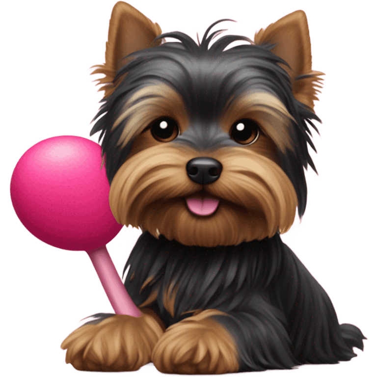 Black Yorkshire terrier playing with flamingo toy emoji