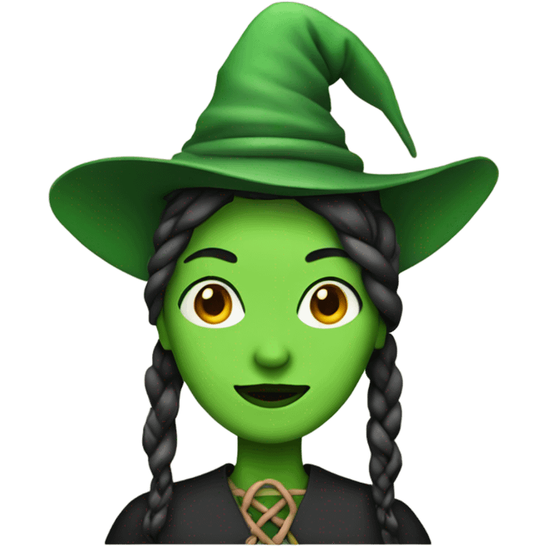 Green woman with a braid and witch hat emoji