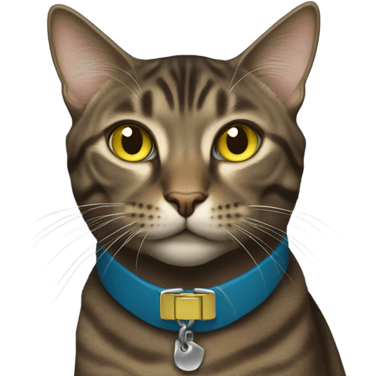 Dark brown tabby cat blue collar yellow green eyes emoji