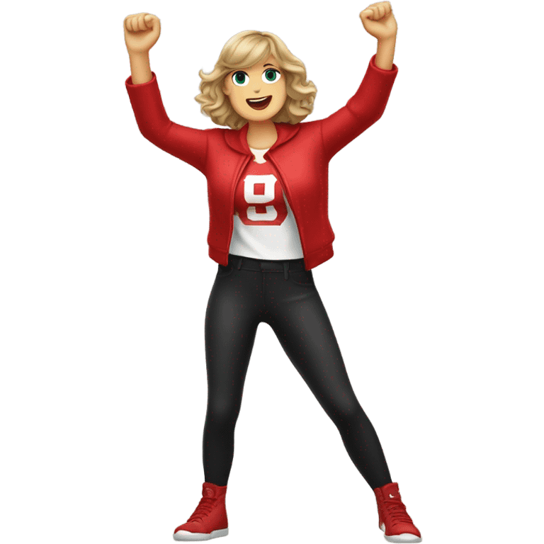 taylor swift wearing red holding touchdown arms emoji