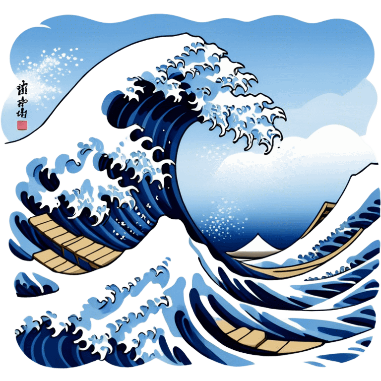 Cinematic Realistic Great Wave off Kanagawa, depicted as a colossal, crashing wave with dynamic blue hues and frothy white crests, rendered with intricate textures and fluid motion that captures both the timeless power and poetic beauty of the iconic Japanese artwork emoji