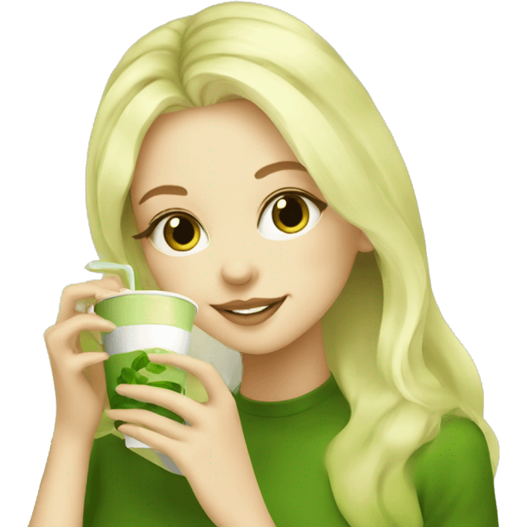 Blonde Girl drinking Matcha at the Matcha Hub emoji