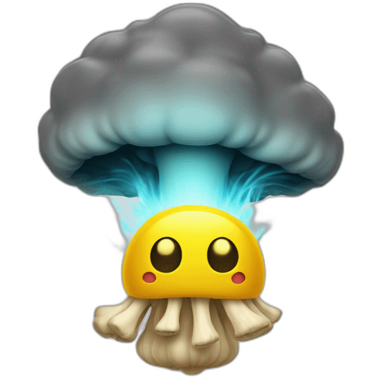 A yellow face with an open mouth, the top of its head exploding in the shape of a brain-like mushroom cloud. A visual form of the expression mind blown emoji