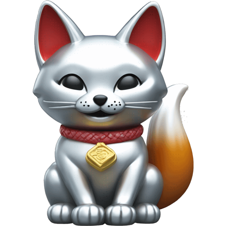 fully chrome fox statue in the form of maneki neko emoji