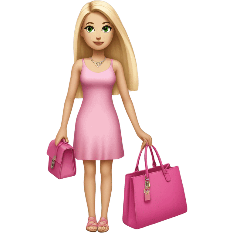 Realistic White girl with Long straight blonde hair, green eyes, tattoos, full body wearing pink dress, holding pink handbag emoji