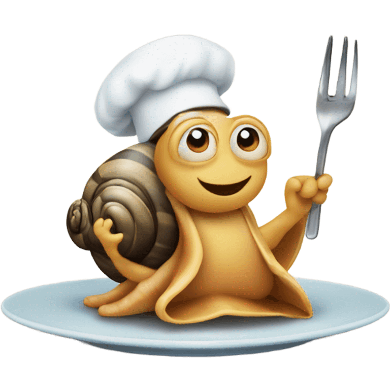 A snail holding utensils with a bib on emoji