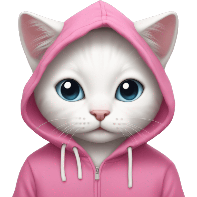 White little cat wearing a big pink over sized hoodie emoji