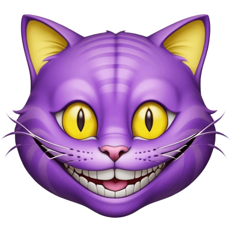 A purple cheshire cat grinning widely with thin yellow eyes emoji